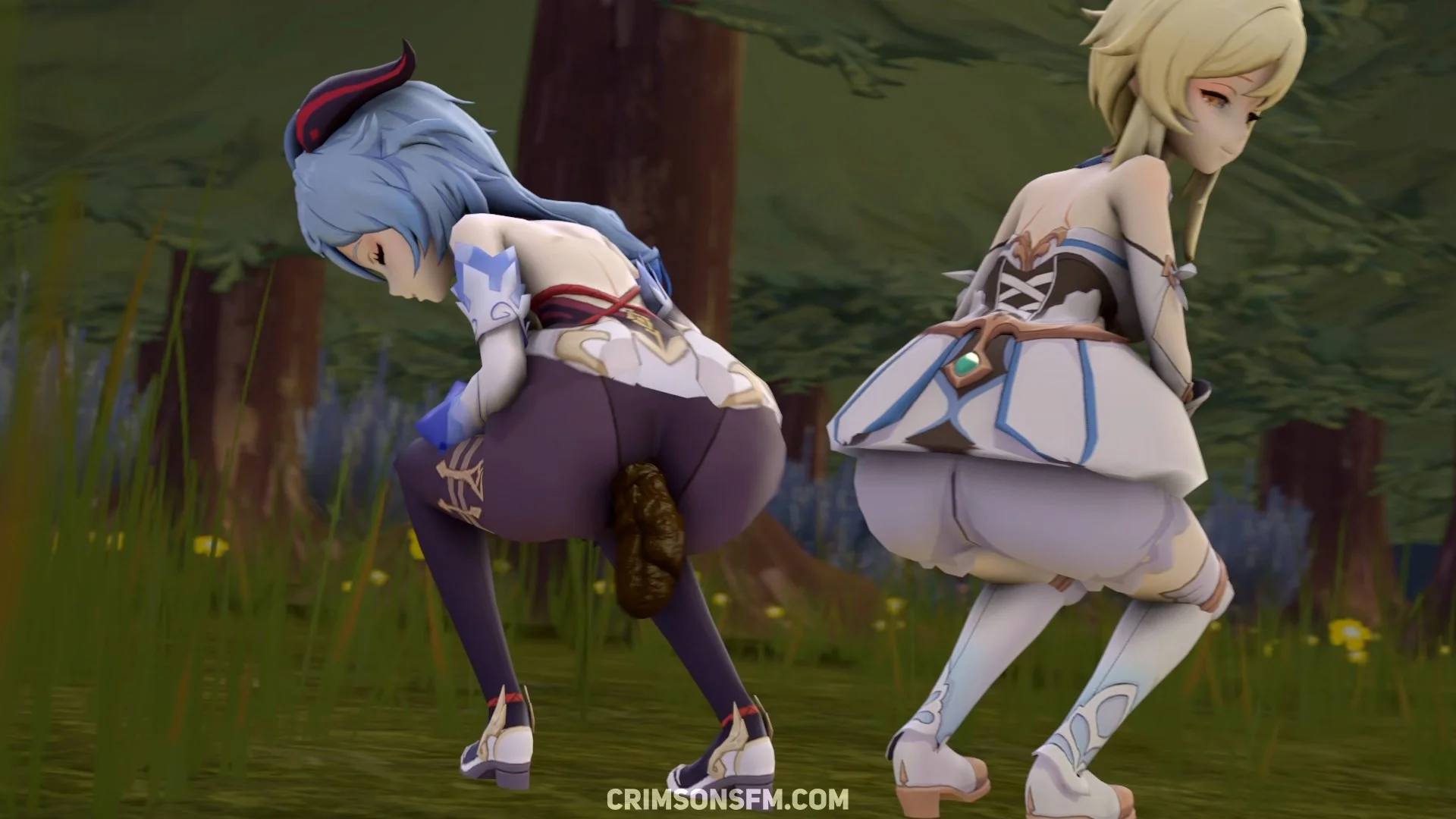 Ganyu and Lumine fart for You – pooping scene with scat alternative – fetish SFM preview 1