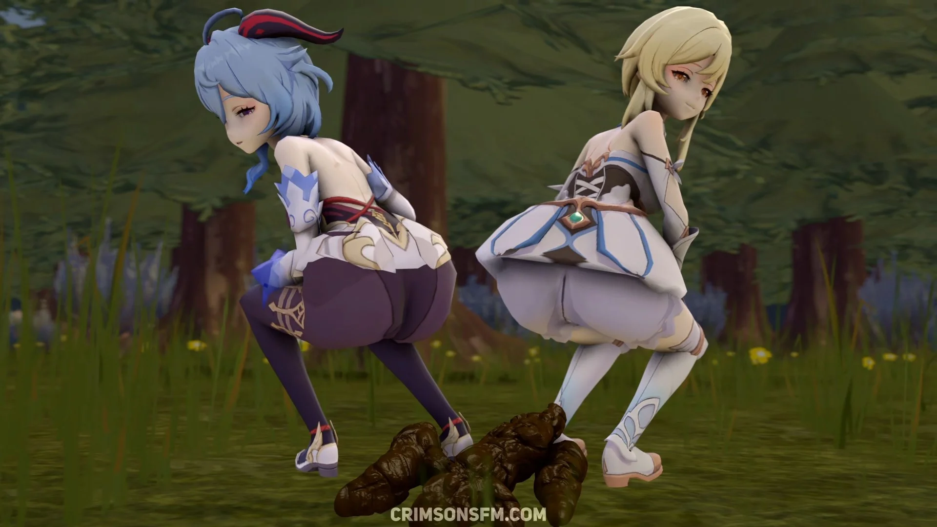 Ganyu and Lumine fart for You – pooping scene with scat alternative – fetish SFM preview 3